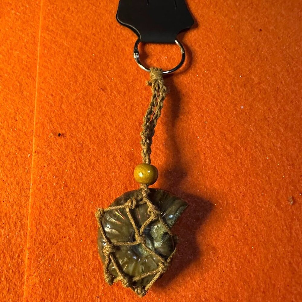 Sea shell fossil woven caged key chain